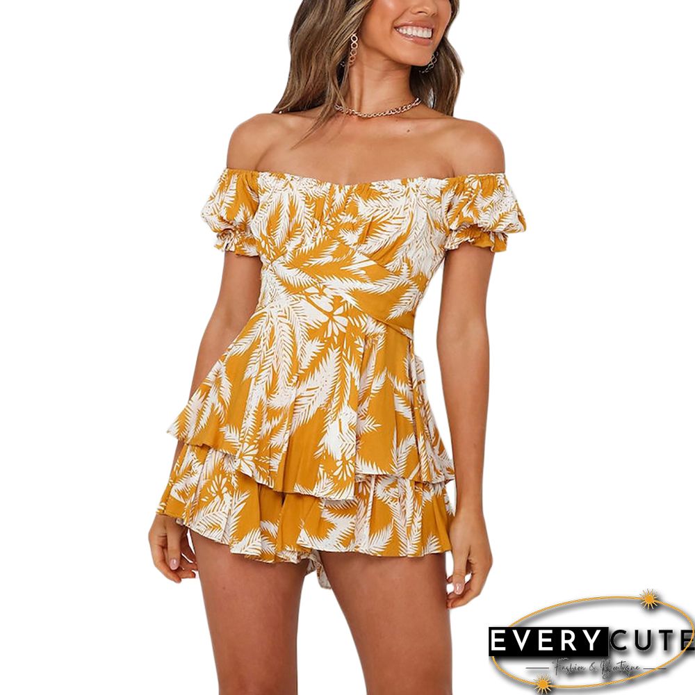Yellow Digital Print Ruffle Off Shoulder Romper