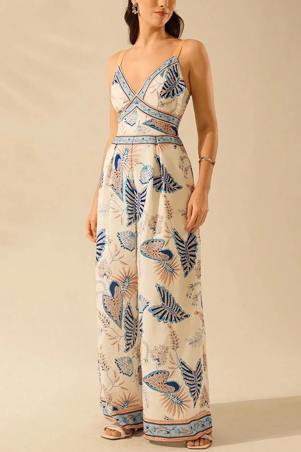 Bohemian Style Plant Print Casual Sling Holiday Loose Jumpsuit