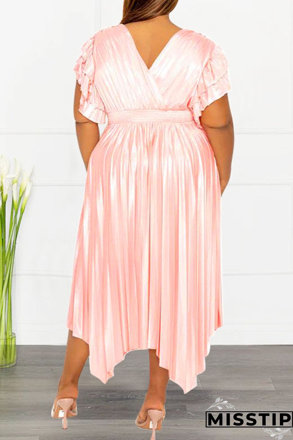 Pink Casual Solid Patchwork V Neck Pleated Plus Size Dresses