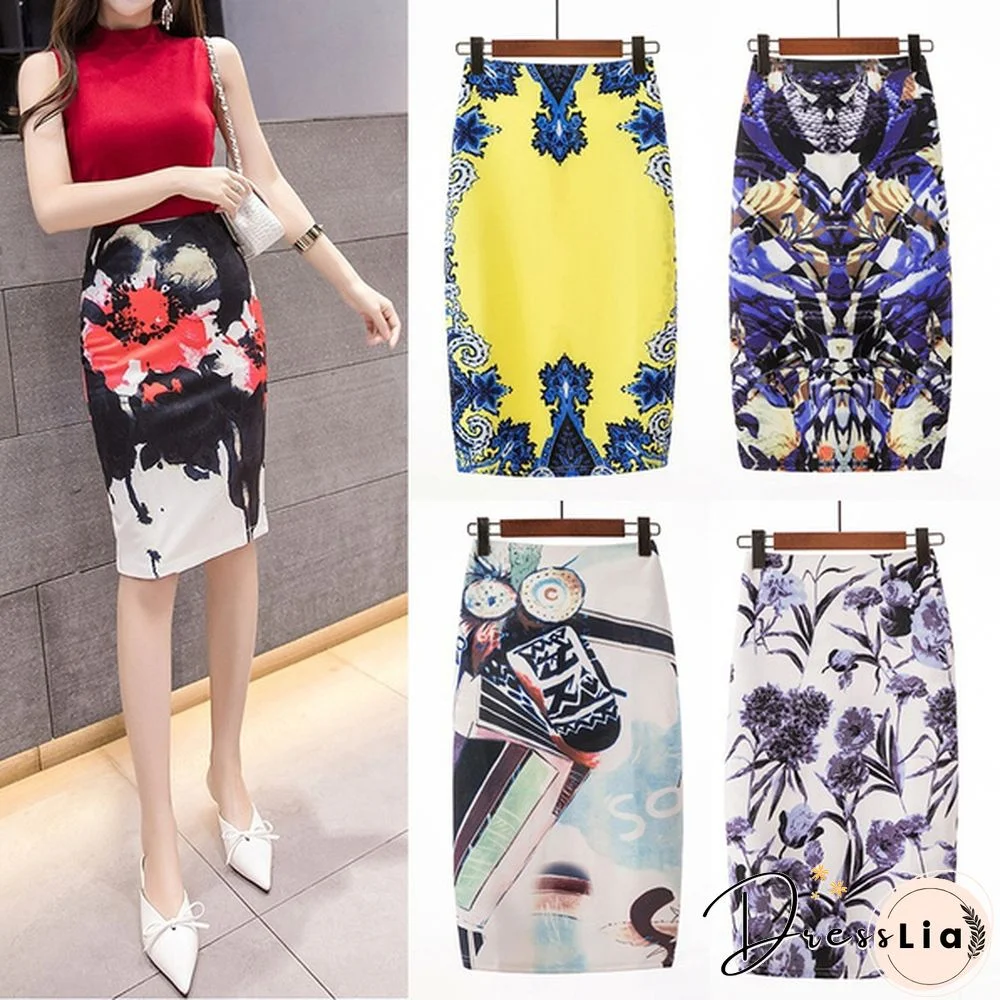 Ready Stock Fashion Women Elastic High Waist Pencil Skirts Midi Skirt Women Printed Ol Work Wear Summer