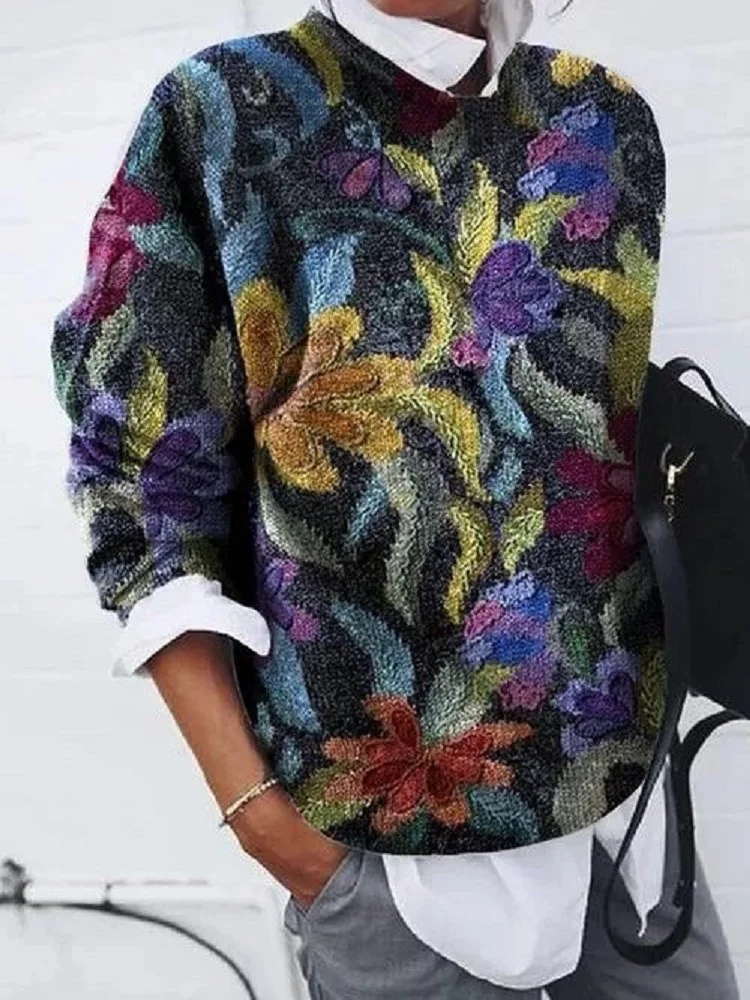 Stylish milled floral print loose long-sleeved top