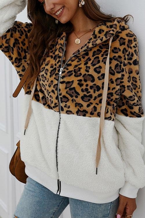 ZoeyChic Leopard Zip-Up Patchwork Hooded Coat(5 Colors)