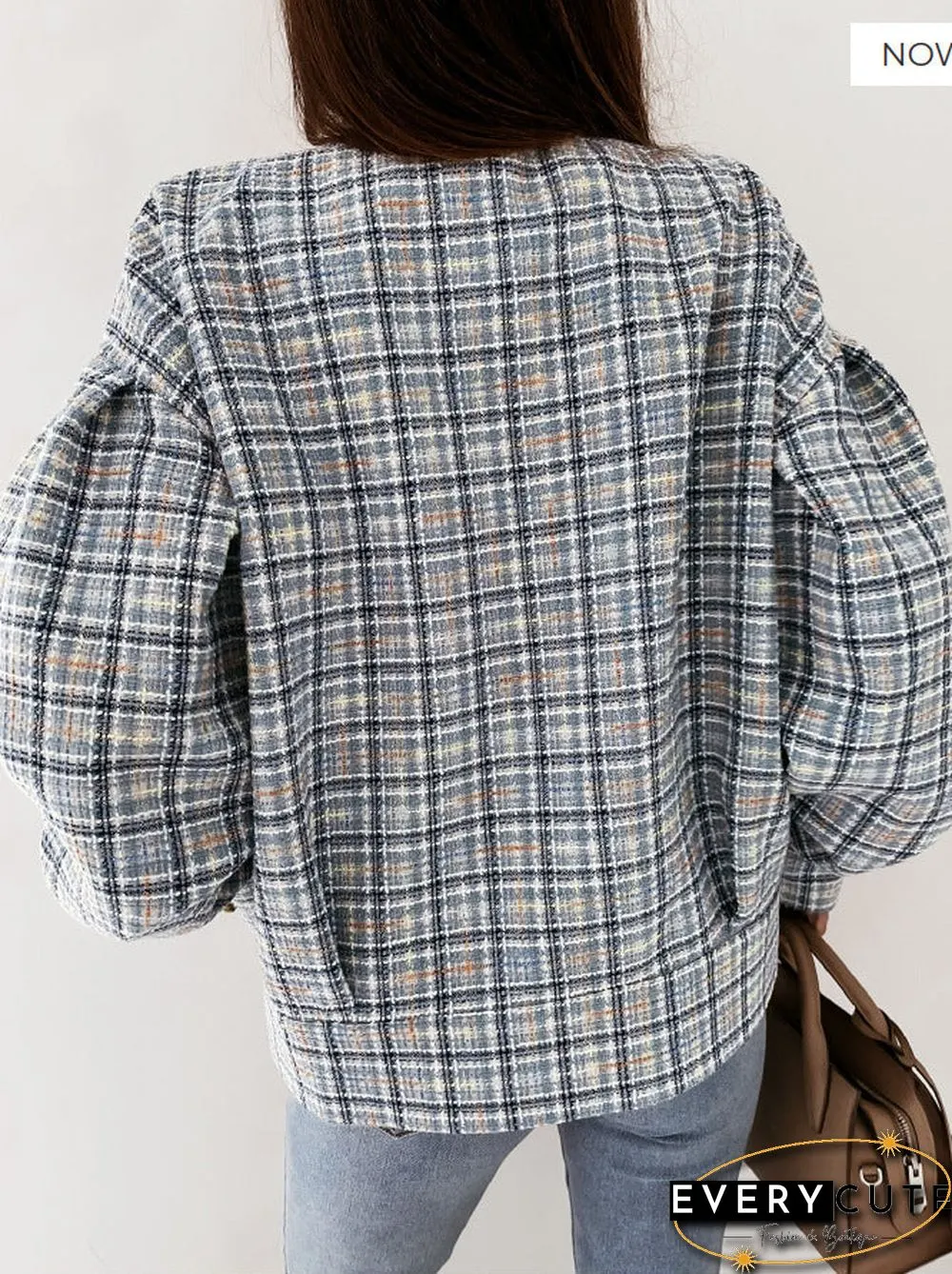 Round Neck Plaid Button Down Blouse Top