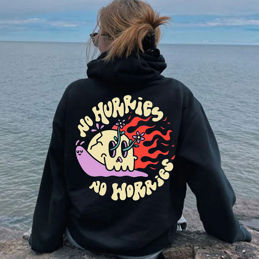NO HURRIES NO WORRIES Skull Black Print Hoodie