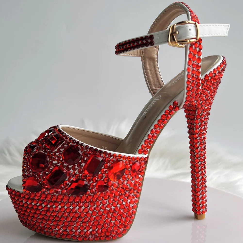 Breakj Breakj Fish Mouth High-Heeled Sandals Fine Heel Water Diamond Wedding Shoes Bride Shoes Color Diamond Crystal Sandals Full Of Diamond Shoes