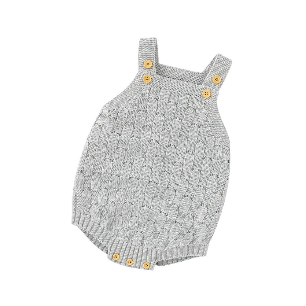 Infant Baby Knitted Jumpsuit, Cotton Sleeveless Sling Loose Solid Color Button Closure Patchwork Romper Hollow Out