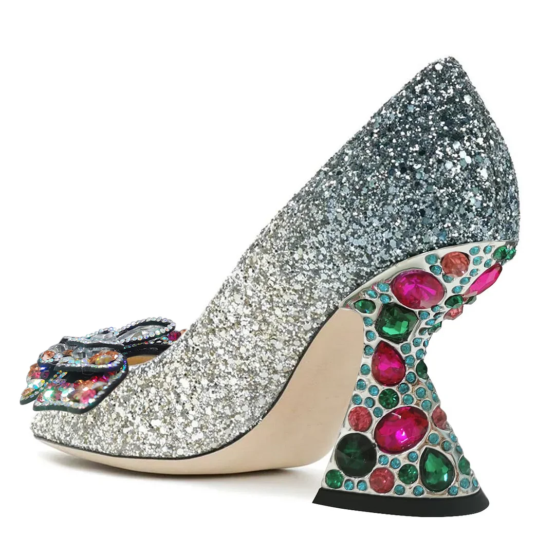 Silver Glittery Pointed Rhinestone Embellished Butterfly Party Heels
