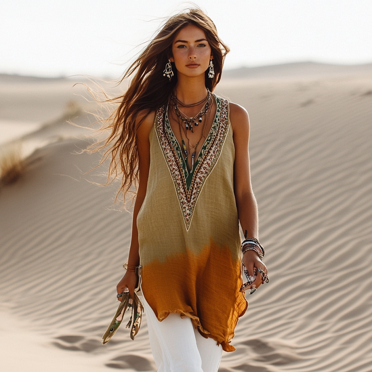 Women's Retro Loose Bohemia Ethnic Style Gradient Art  Linen Suspender Sleeveless Top