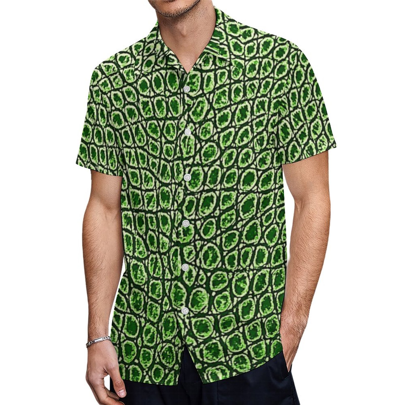 Vintage Alligator Leather Bright Leaf Green Hawaiian Shirt Mens Button Down Tropical Hawaii Beach Shirts