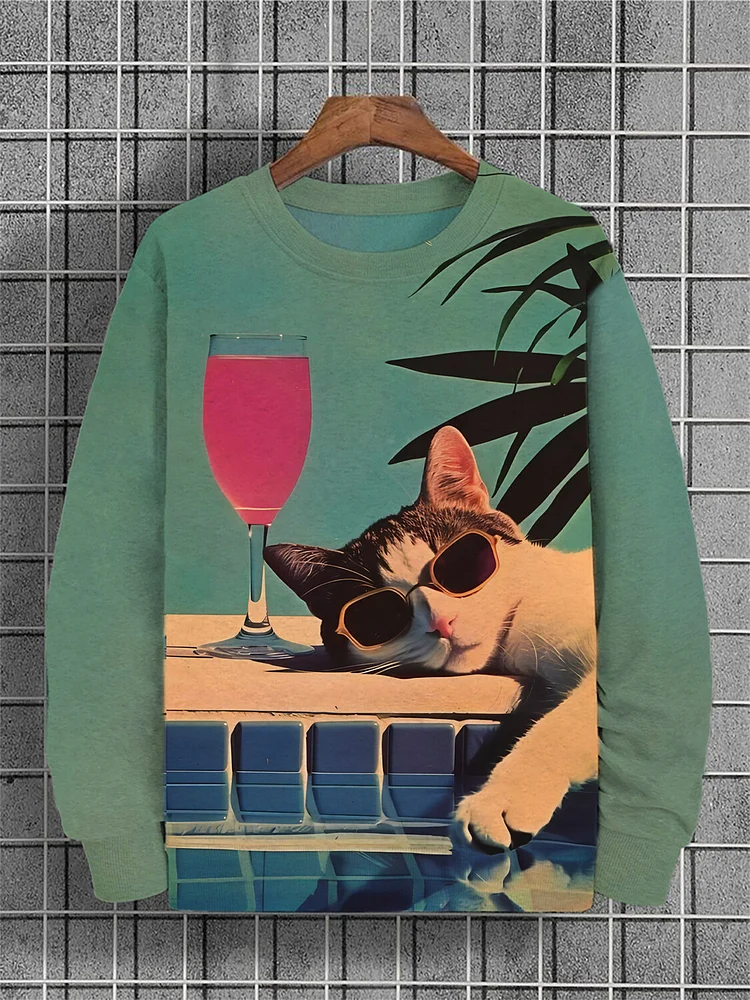 Men's Cool Cat Cocktail Art Print Casual Sweatshirt
