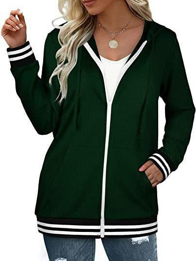 Women's Plain Zip Hooded Striped Sweatshirt Long Sleeve Jacket Top