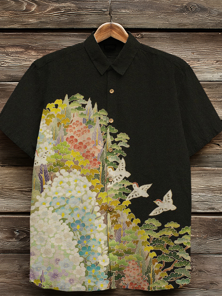 Vintage Japanese Art Pattern Cozy Linen Shirt  artssus