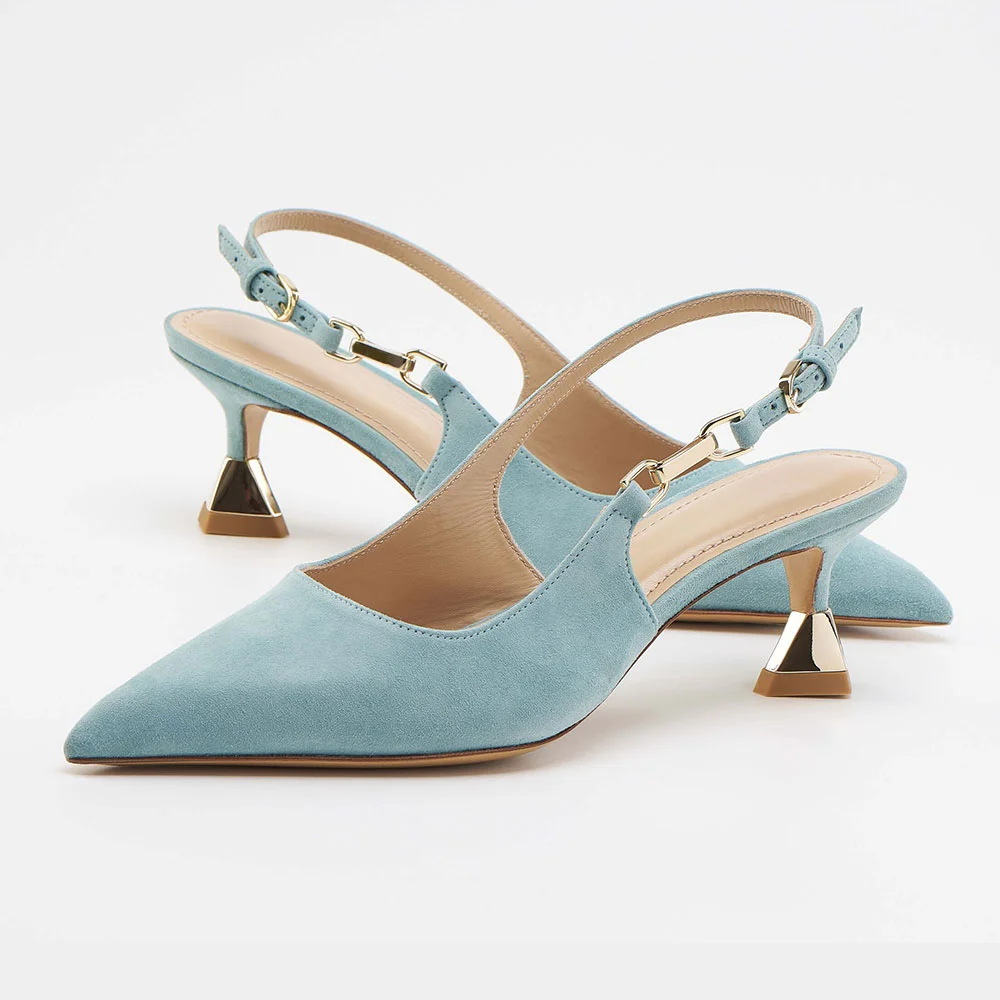Light Blue Vegan Suede Pointed Toe Buckle Slingback Pumps Heels