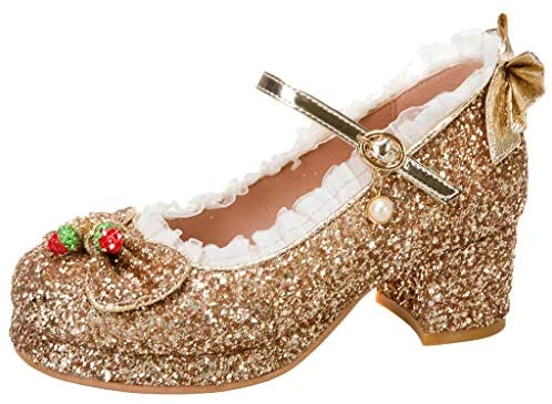  Womens Glitter Chunky Mary Janes Platform Shoes Sequin Pumps with Bow Lolita Shoes Novameme