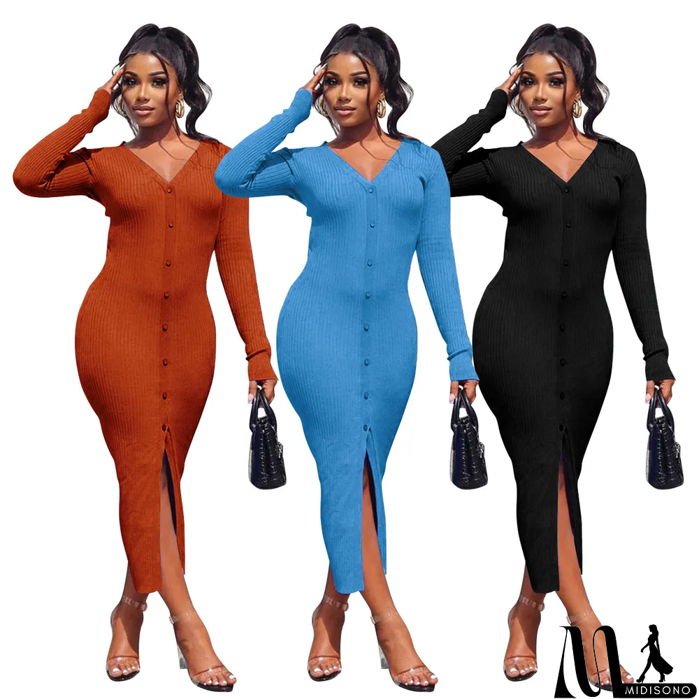MidiSono - Autumn And Winter Models Thread Slits Slim Sexy Dress