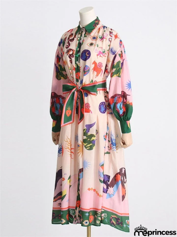 Bohemian Casual Lapel Button Lantern Sleeve Printed Ladies Dress