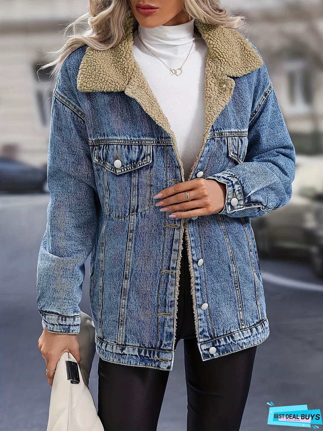 Fleece Lined Single-breasted Long Sleeve Denim Jacket Lapel Slash Pocket Comfy Warm Winter Denim Coat, Women's Denim Jeans & Clothing