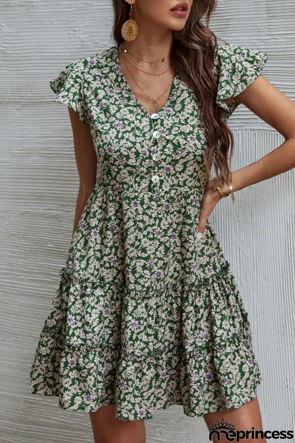 Fashion Elegant Floral Buckle Flounce V Neck A Line Dresses