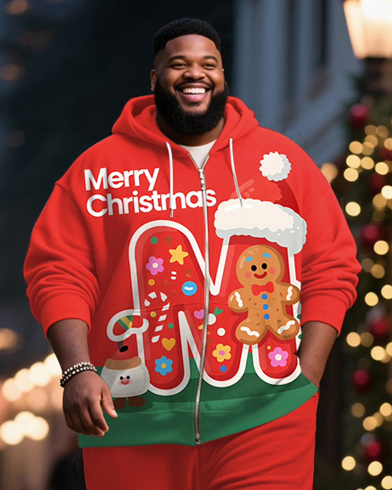Big & Tall Men's Christmas Gingerbread Man Alphabet Print Cardigan Hoodie Suit