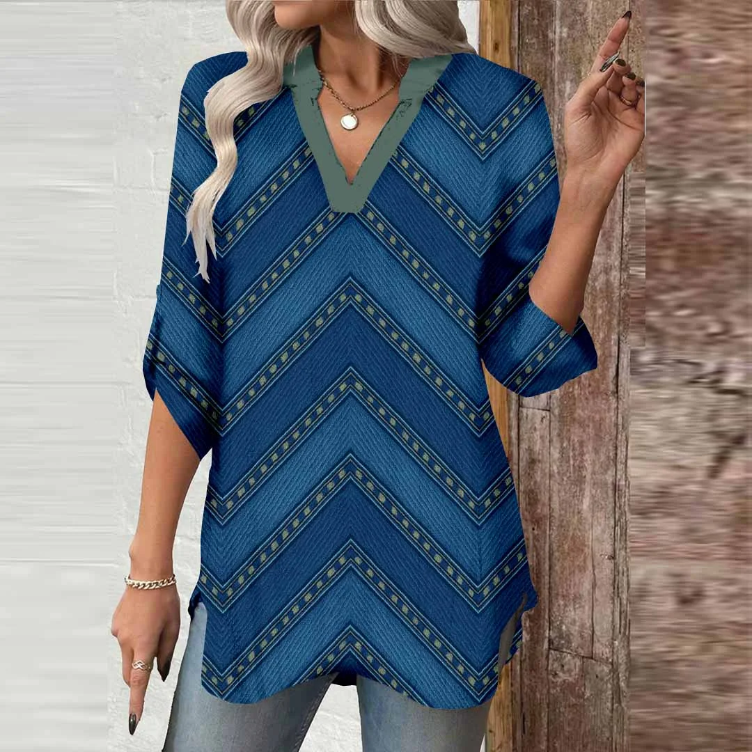 Women Striped,Blue DZGA0311 3/4 Sleeve V-neck Printed Graphic Button Tops