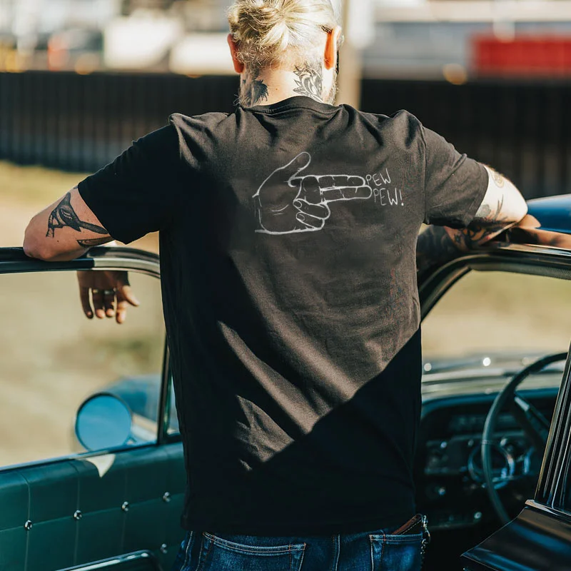 PEW PEW Hand Graphic Casual Modern Style Black Print T-shirt