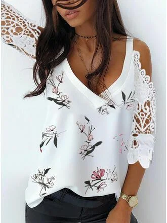Women V-neck Cold Shoulder Floral Printed Top