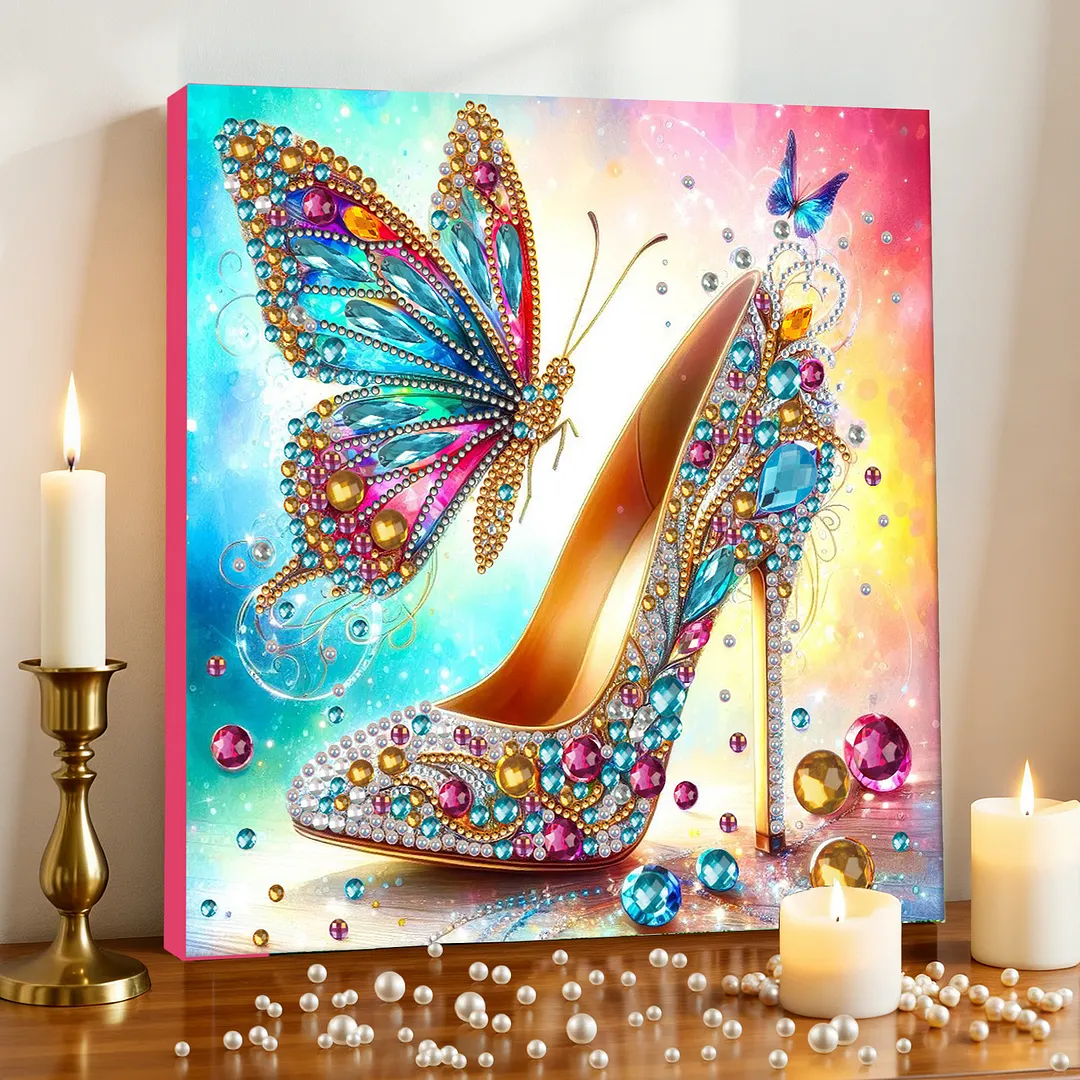 Butterfly High Heels Special Shaped DIY Large Diamond Painting Kit w/ Frame 9.84x9.84inch