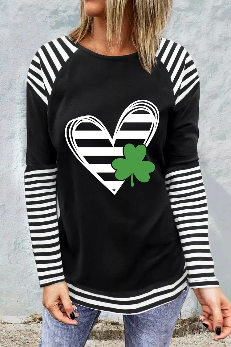 St Patrick Heart Clover Striped Print Long Sleeve Top-elleschic
