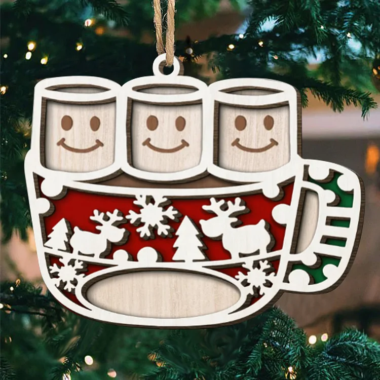 Christmas Family Ornament Custom 3 Names Coffee Cup Layered Wood Christmas Ornament
