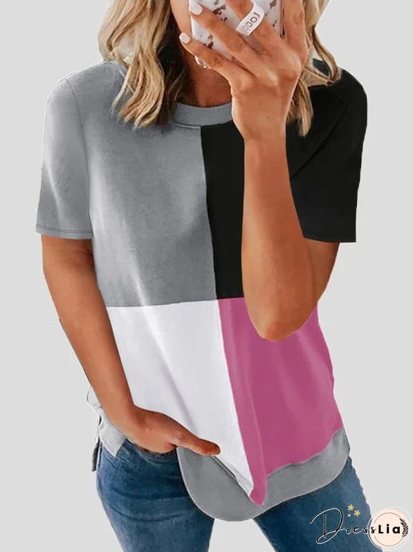 T-Shirts Casual Color Matching Round Neck Short Sleeve T-Shirt for Women