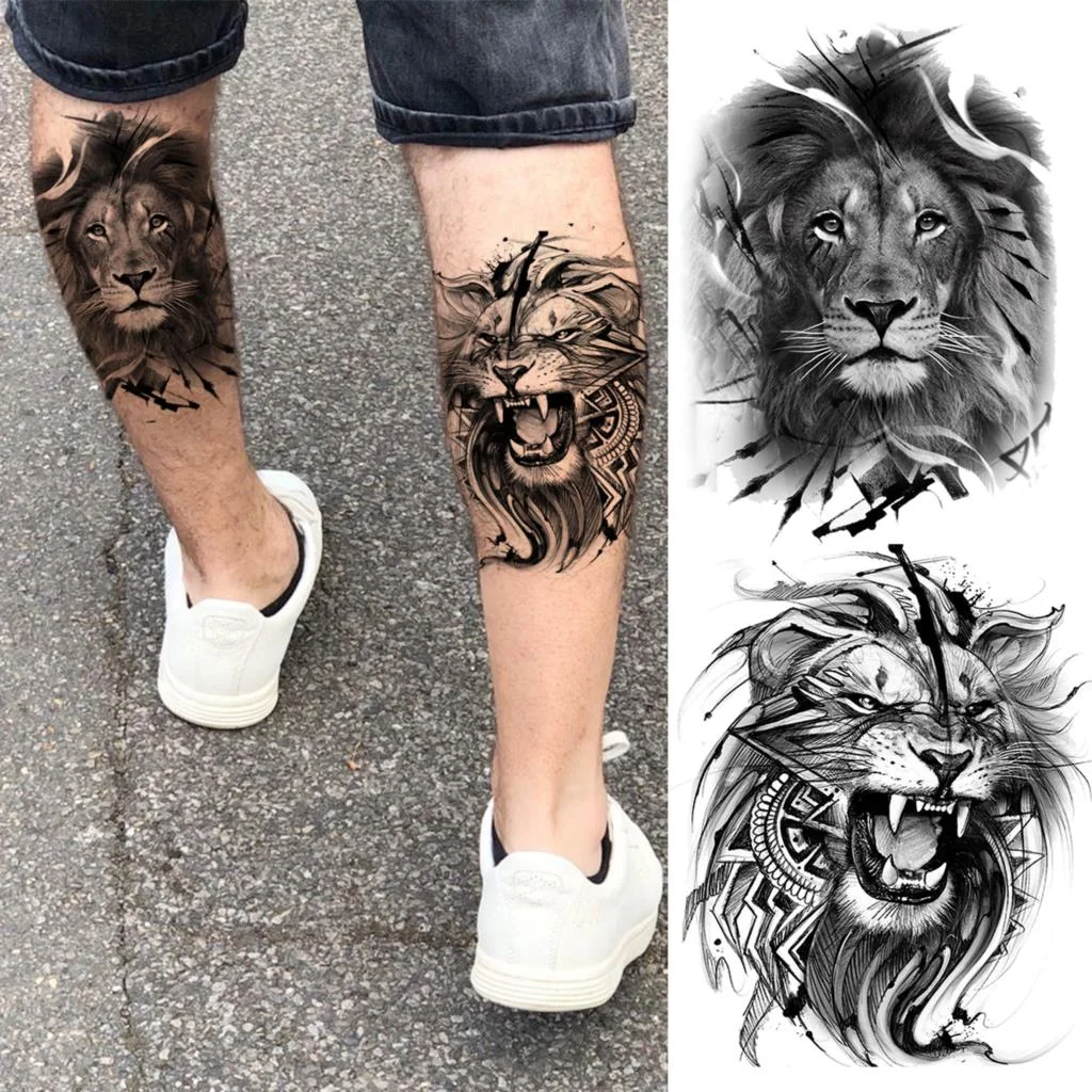 Black Lion Fashion Calf Temporary Tattoos For Women Adult Men Lion Geometric Owl Fake Tattoo Realistic Body Art Decoration Tatoo