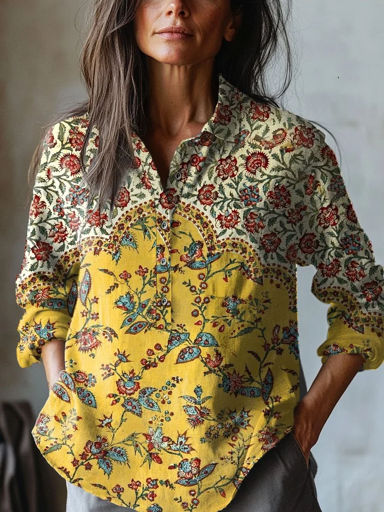 Women's Floral Art  Print Casual Cotton And Linen Shirt
