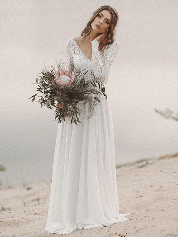 Oknass Long Sleeves Boho Lace Wedding Dress