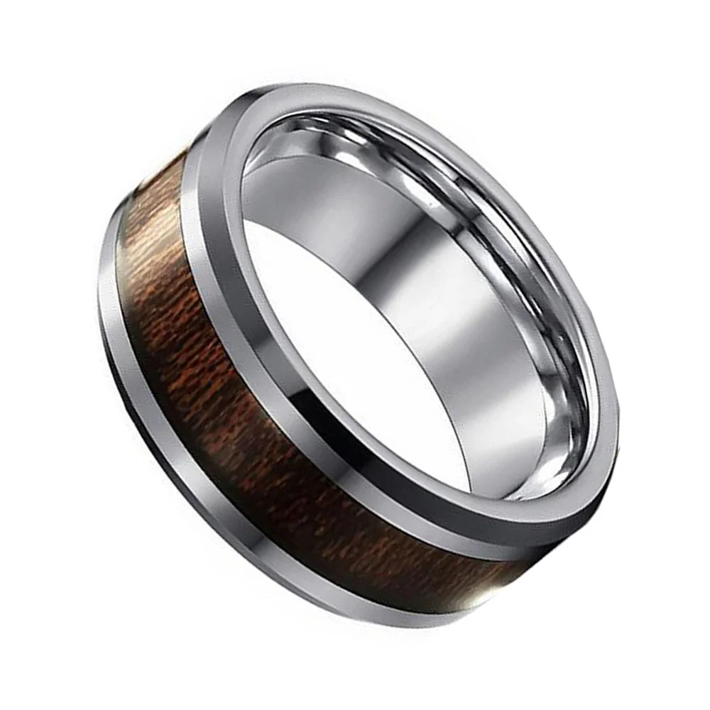 6MM 8MM Silver Tungsten Carbide Wedding Bands Wood Inlay Bevel Edge For Men