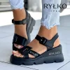 RYLKO&reg; 2025 Damskie czarne sk&oacute;rzane sandały na koturnie polskiej produkcji, stylowa platforma