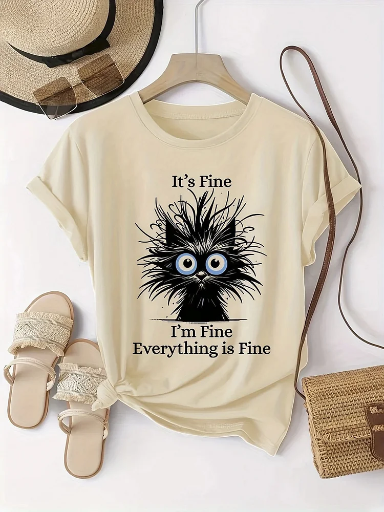 Women's Satirical Cat Graphic T-Shirt - 100% Pure, Breathable & Comfortable Short Sleeve Tee With "It's Fine I'm Fine Everything Is Fine" Print, Casual Summer Top For Women, Perfect Holiday Gift, Cat Tshirt