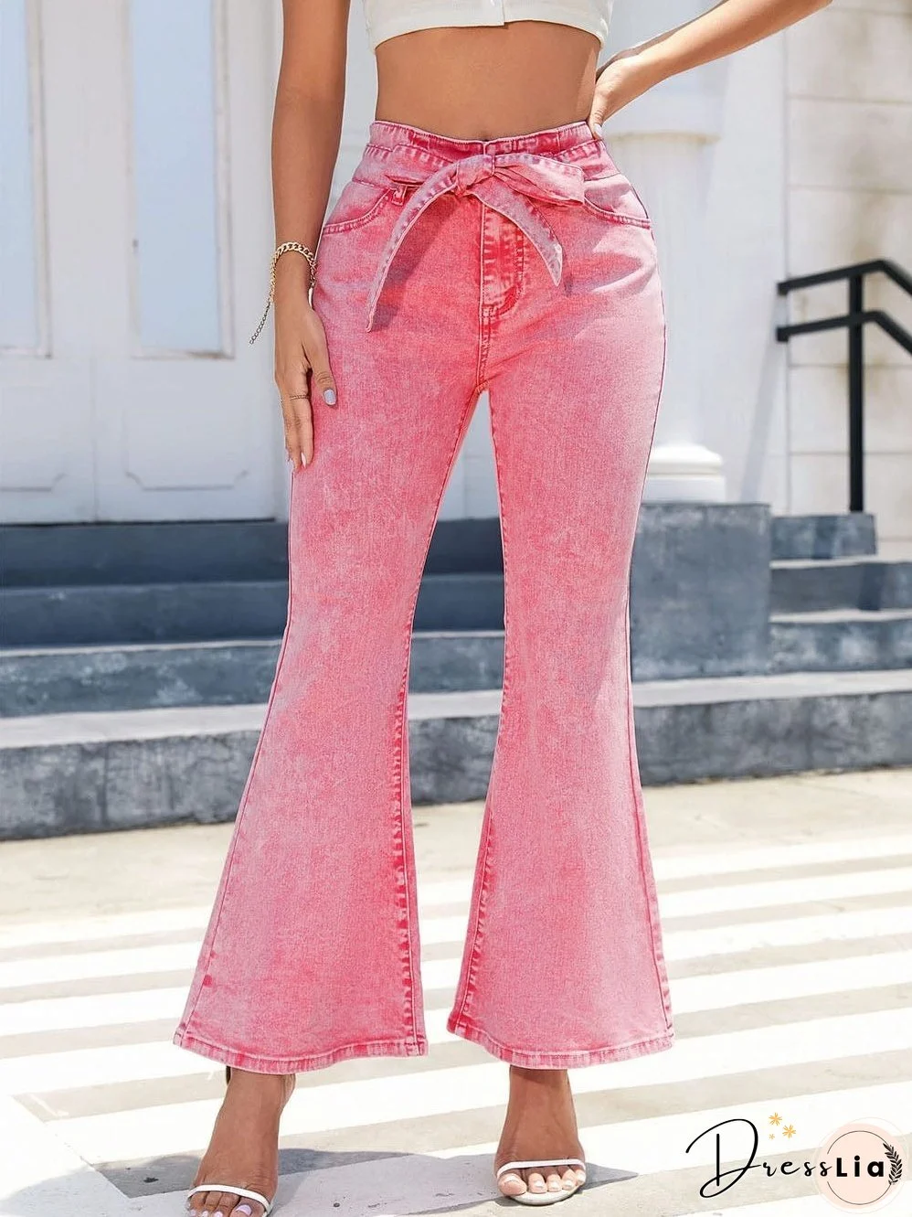 Pink Denim Knot Detail Flare Leg High Waist Casual Jeans