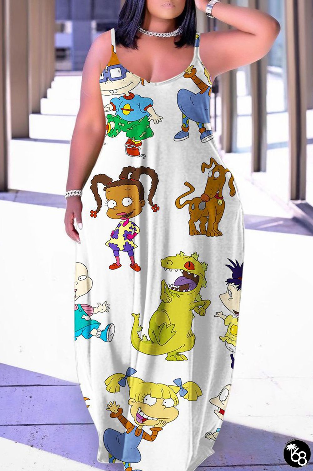 White Sexy Casual Print Backless Spaghetti Strap Long Dress Dresses | 168DEAL