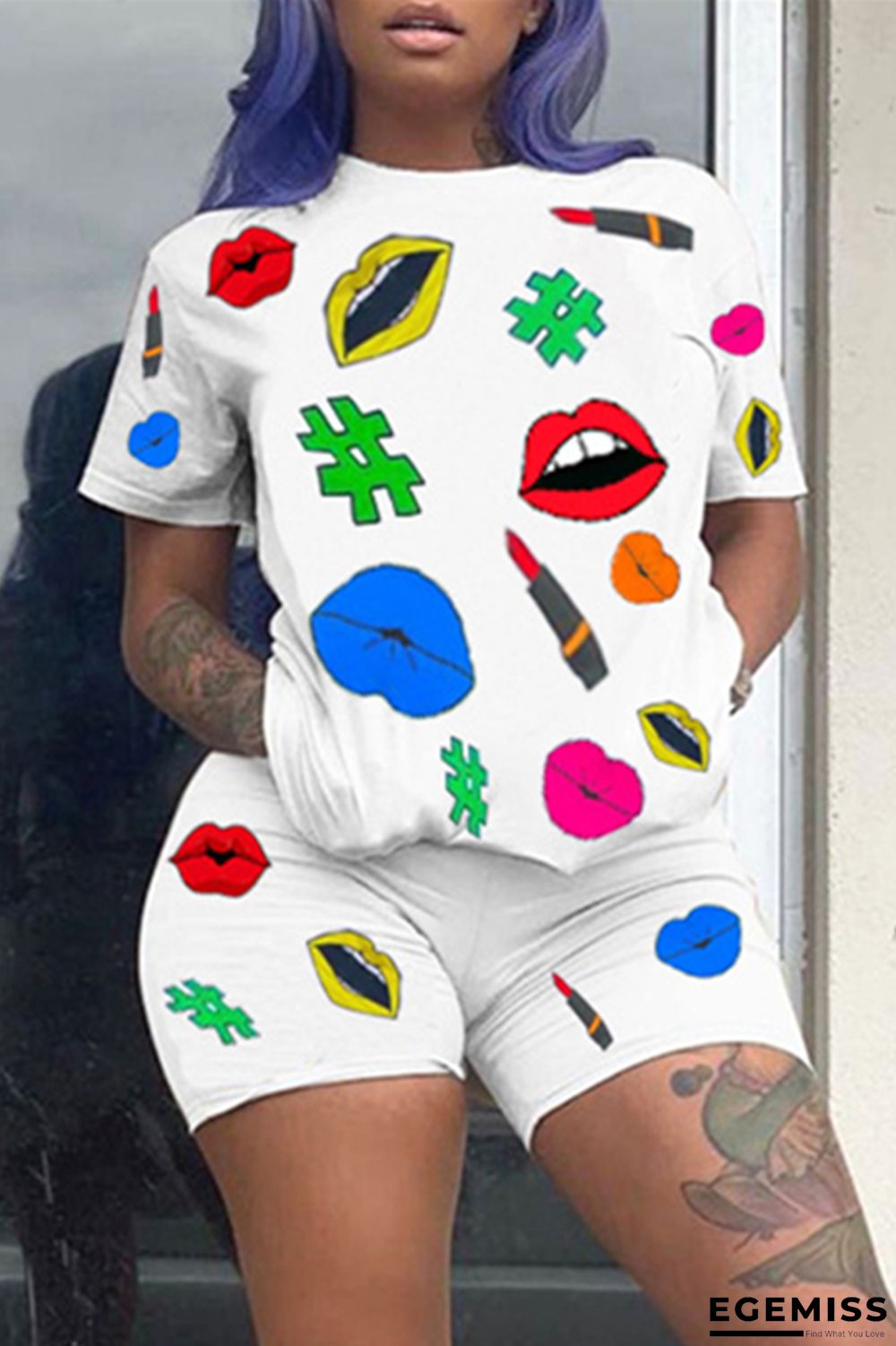 White Fashion Casual Print Basic O Neck Short Sleeve Two Pieces | EGEMISS