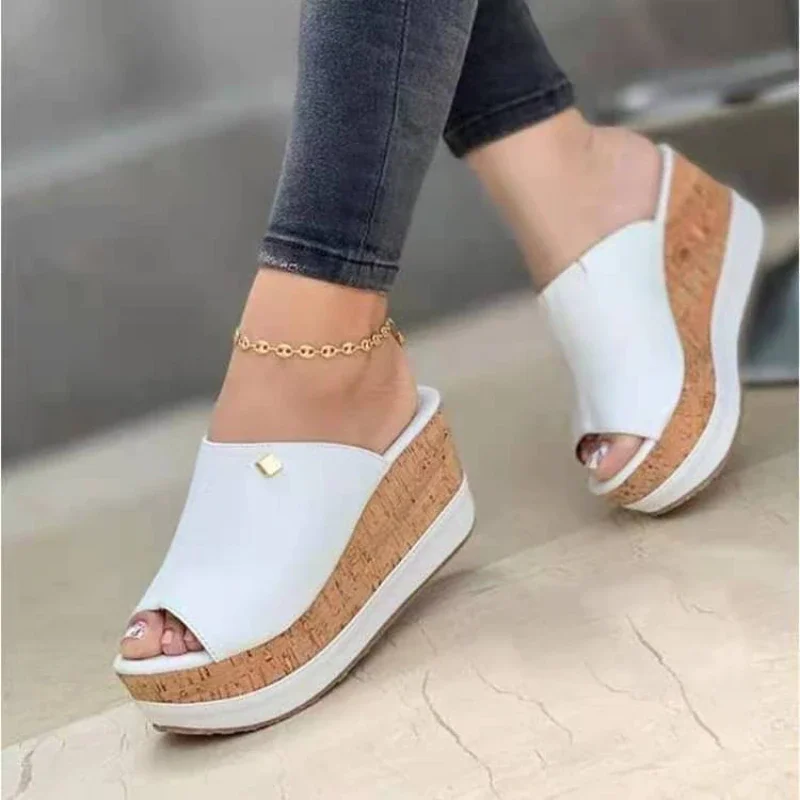 Qengg New Women's Casual Slippers Vintage Fish Mouth Platform Wedge Sandals Slip-on Fashion Flat Beach Shoes Chaussure Ete Femme