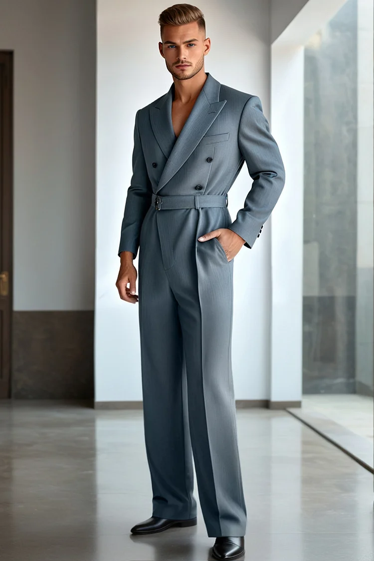 Men s Formal Peak Lapel Belted Gray Straight Leg Jumpsuit