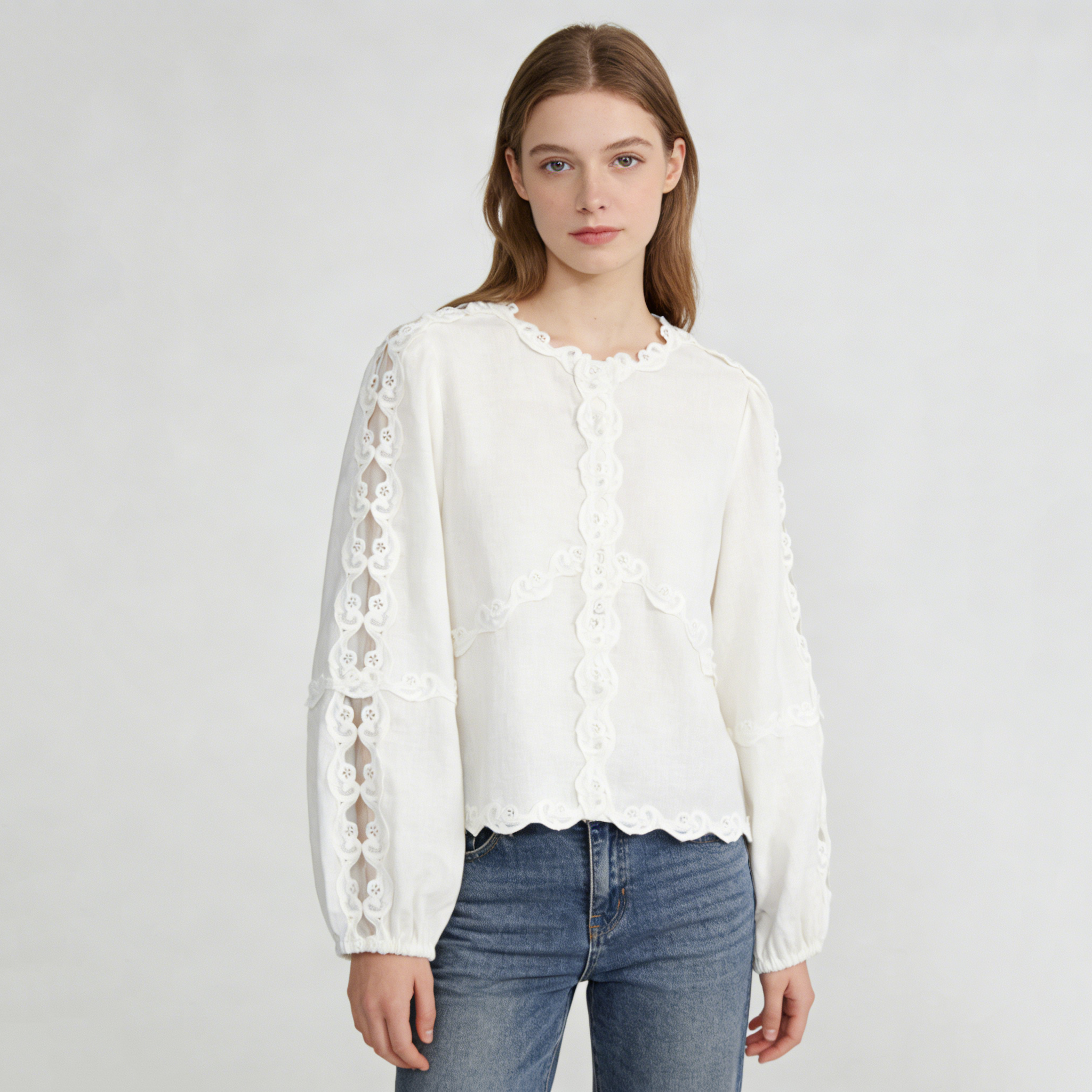 Linen Blouse Women 100% Linen Crochet Lace Balloon Sleeve Top REAL SILK LIFE