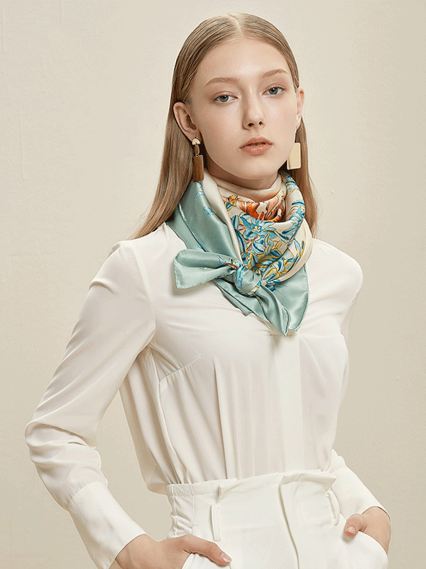 Green Printed Silk Scarf For Women 1021190141 90*90