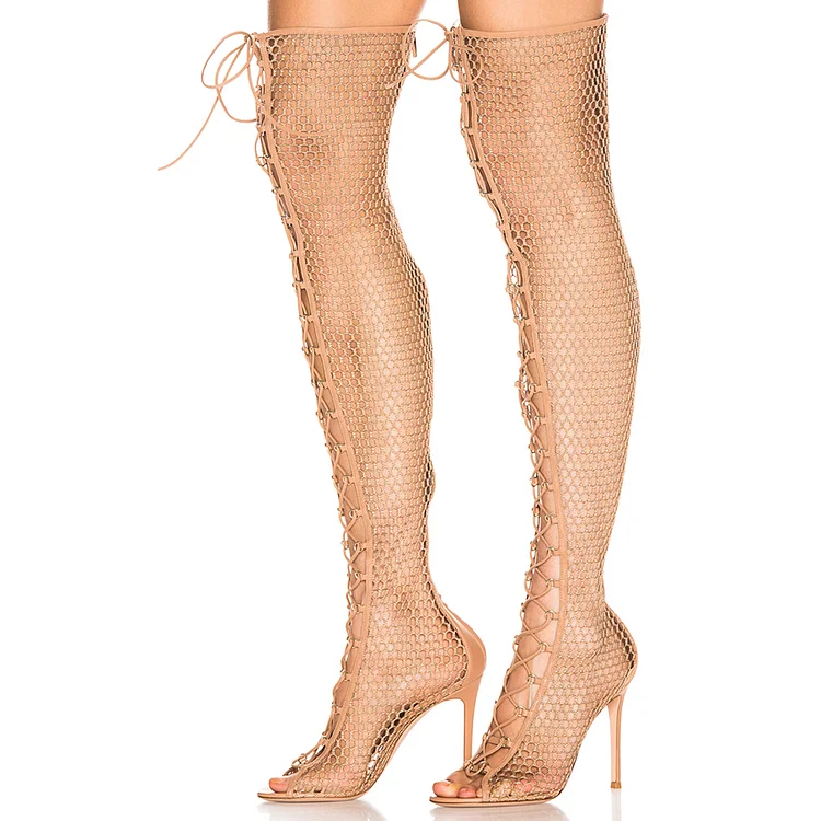 Nude Nets Peep Toe Stiletto Heel Thigh High Lace Up Boots |FSJ Shoes