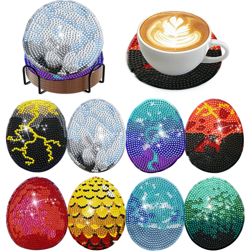 8Pcs Easter Eggs Wooden Diamond Art Coasters DIY Coaster Diamond Dot Kits