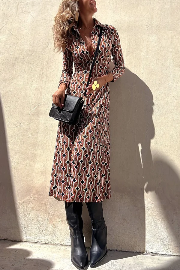 Classy Aura Chain Print Button Stretch Shirt Midi Dress