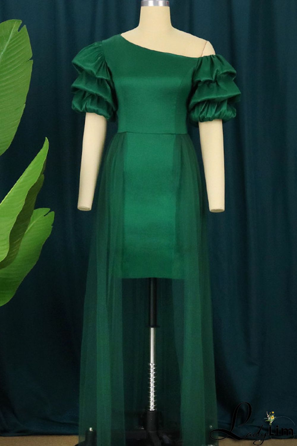 Green Elegant Solid Split Joint Oblique Collar Evening Dress Dresses