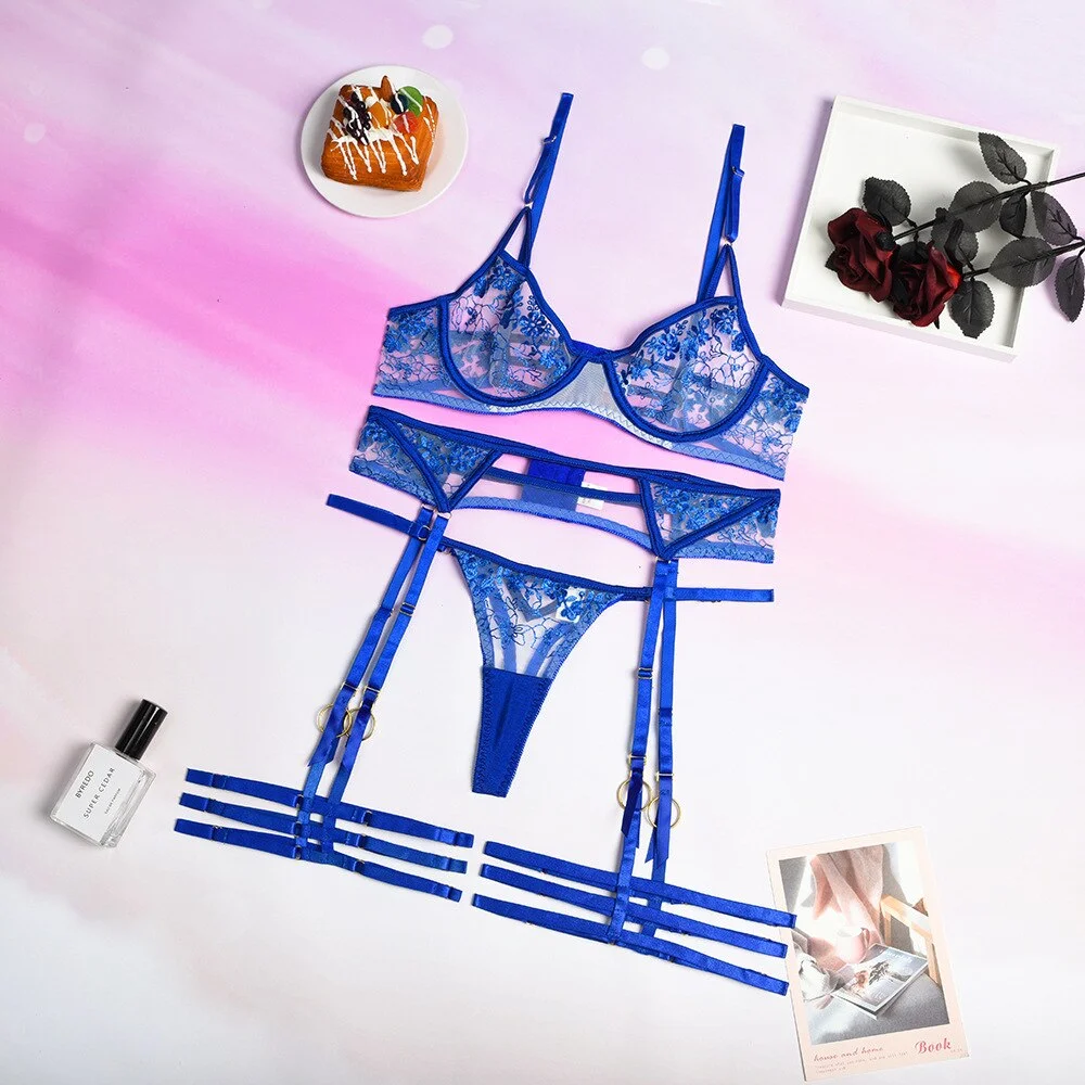 MIRABELLE Sensual Lingerie Set Lace Embroidery Underwear Erotic Set Sexy Transparent Bra And Garters Brief Set Blue Setup Ladies