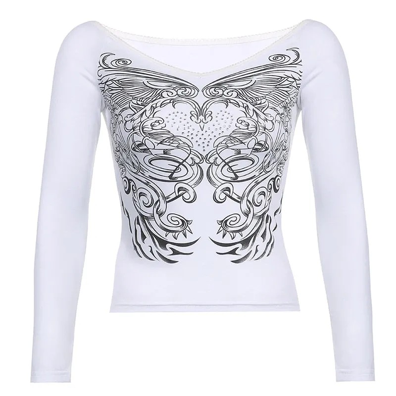 Rapcopter Floral y2k Crop Top Rhinestone Grunge Fairycore T Shirt White Frill Long Sleeve Pullover Kawaii Autumn Sweet Tee Women