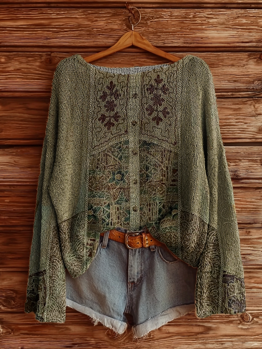 Women's Vintage Ethnic Tattoo Pattern Art Print Casual Pullover Sweater